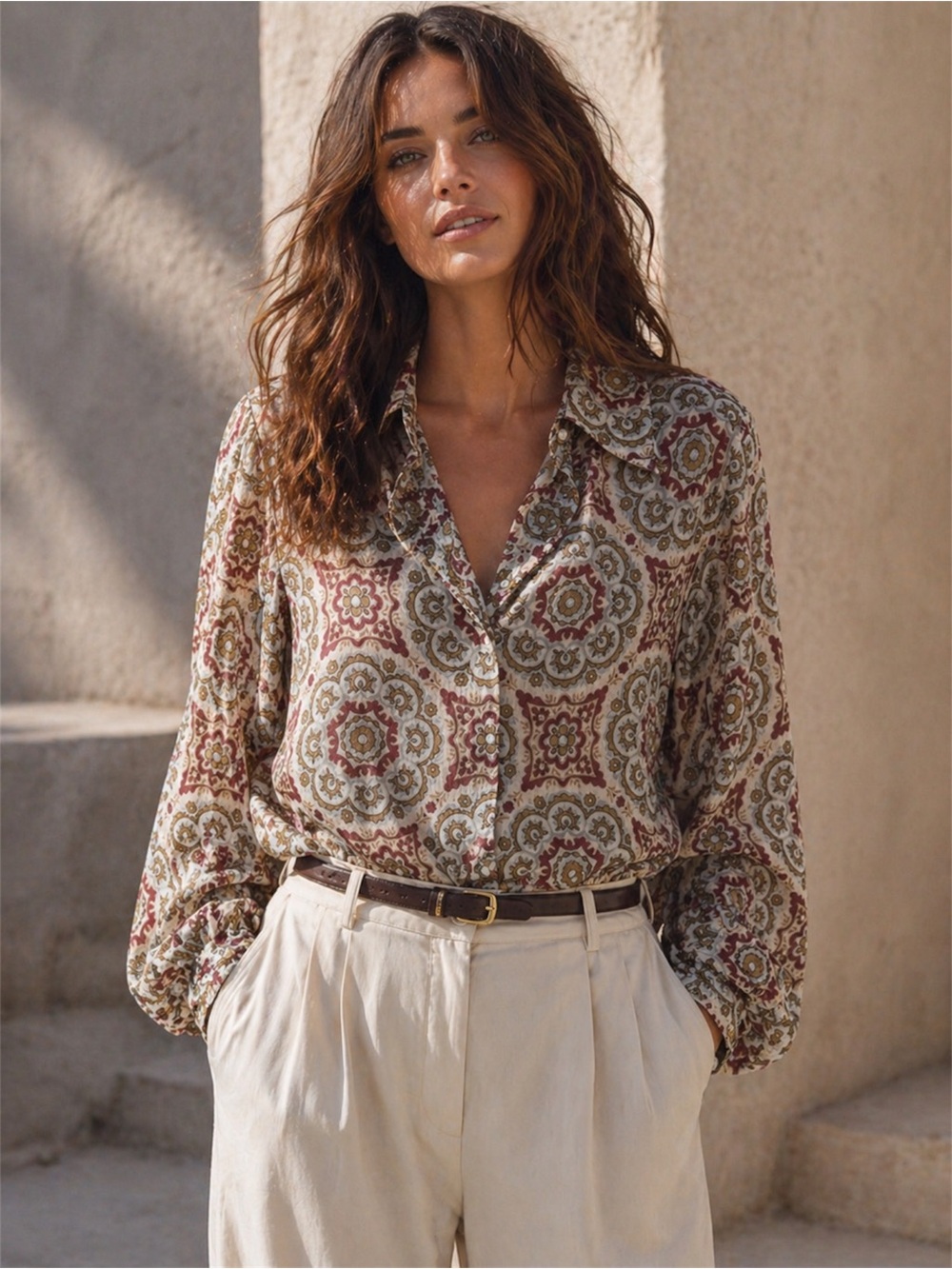 Zara Medallion Print Sheer Boho Button Up Blouse Top Medium
